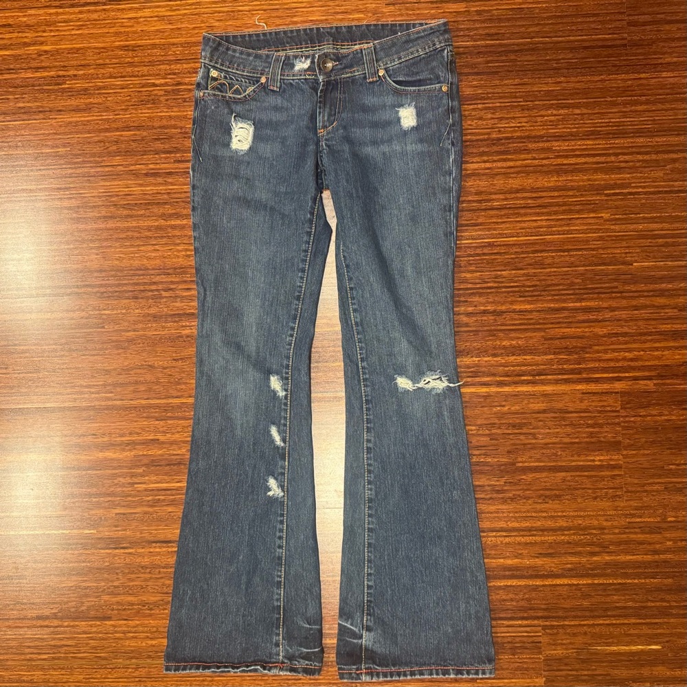 Vintage Y2K Farmer Industry Jeans Women 29 Wide Leg Flare Low Rise Embroidered